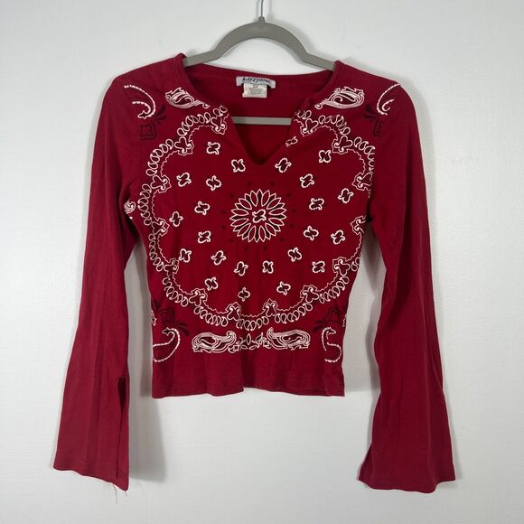 Self Esteem Top Womens M Red Bandana Print Baby Tee Shirt VTG Y2K Cowgirl Rodeo - Picture 1 of 14